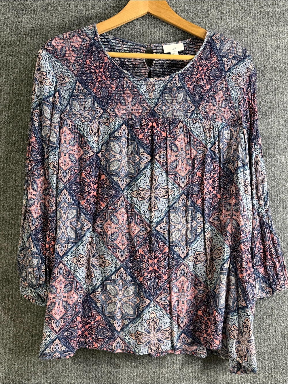 J Jill Women 2X Smocked Yoke Tunic Top Blue Pink Geometric Tile Boho Peasant